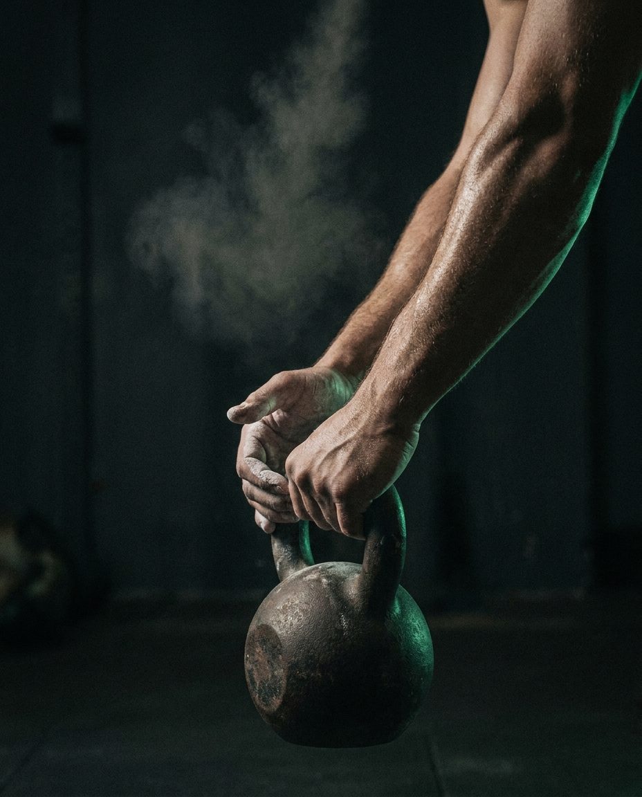 Athlete gripping a kettlebell mid-training